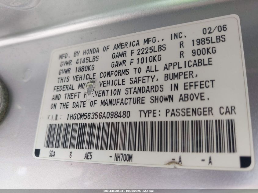 2006 Honda Accord 2.4 Se VIN: 1HGCM56356A098480 Lot: 43420503