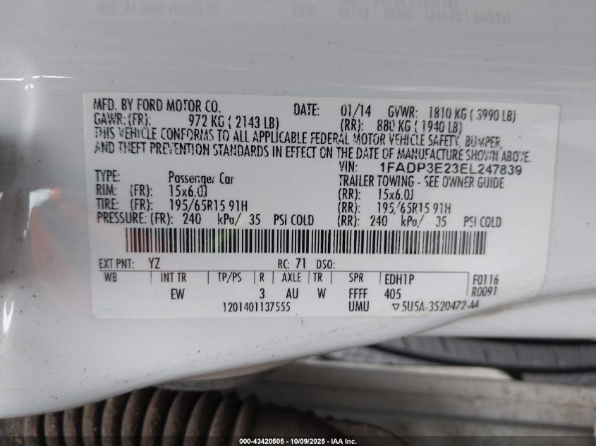 2014 Ford Focus S VIN: 1FADP3E23EL247839 Lot: 43420505