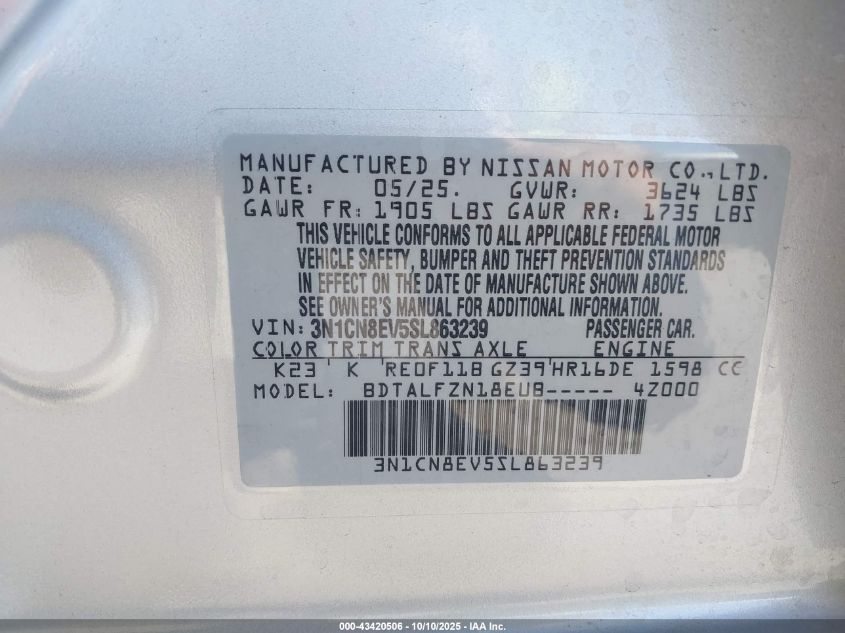 2025 Nissan Versa 1.6 Sv VIN: 3N1CN8EV5SL863239 Lot: 43420506