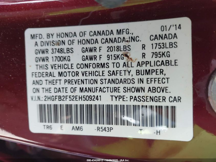 2014 Honda Civic Lx VIN: 2HGFB2F52EH509241 Lot: 43420512