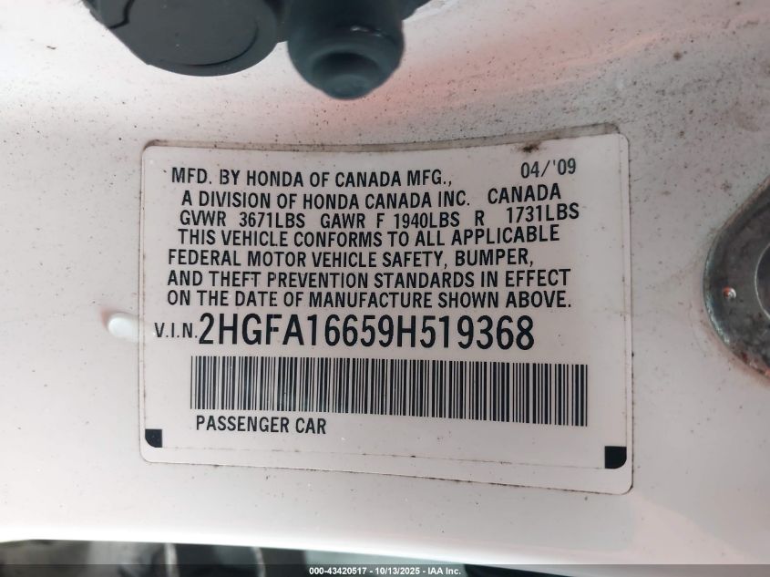 2009 Honda Civic Lx-S VIN: 2HGFA16659H519368 Lot: 43420517