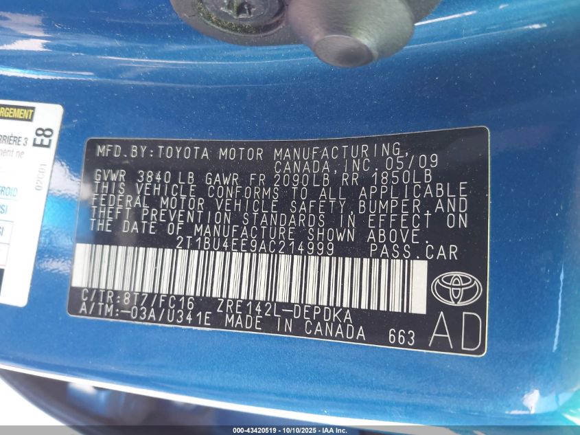 2010 Toyota Corolla Le VIN: 2T1BU4EE9AC214999 Lot: 43420519