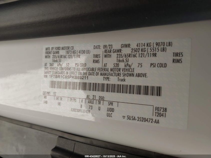 2023 Ford Transit-250 VIN: 1FTBR1C85PKB69211 Lot: 43420527