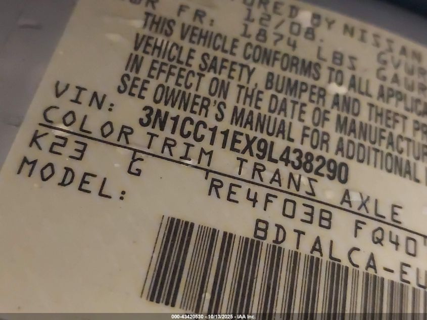 2009 Nissan Versa 1.6 VIN: 3N1CC11EX9L438290 Lot: 43420530