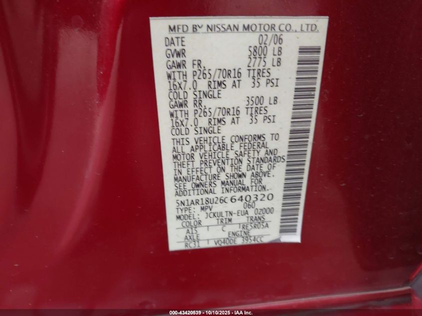 2006 Nissan Pathfinder Se VIN: 5N1AR18U26C640320 Lot: 43420539