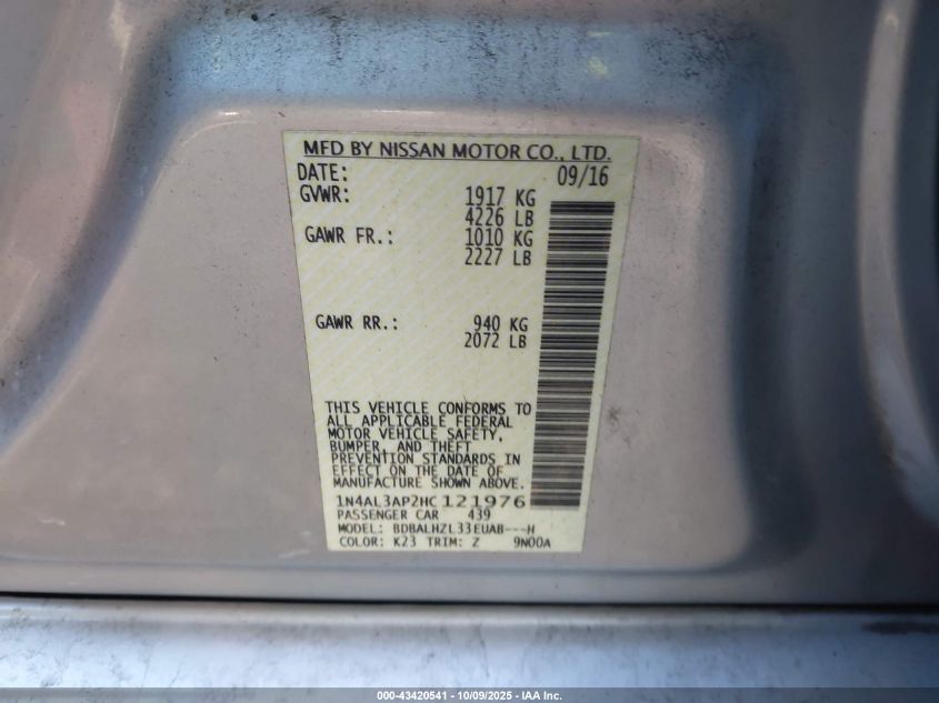 2017 Nissan Altima 2.5 Sr VIN: 1N4AL3AP2HC121976 Lot: 43420541