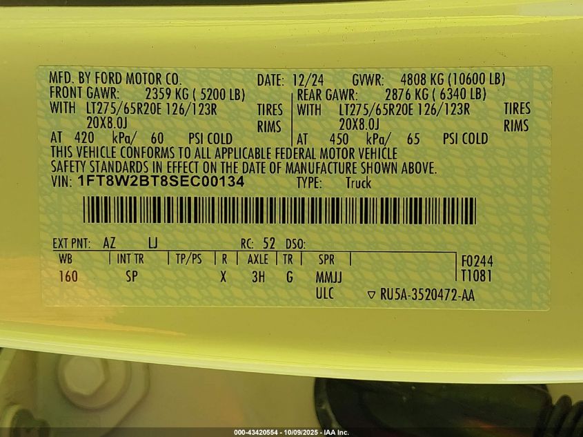 2025 Ford F-250 King Ranch VIN: 1FT8W2BT8SEC00134 Lot: 43420554
