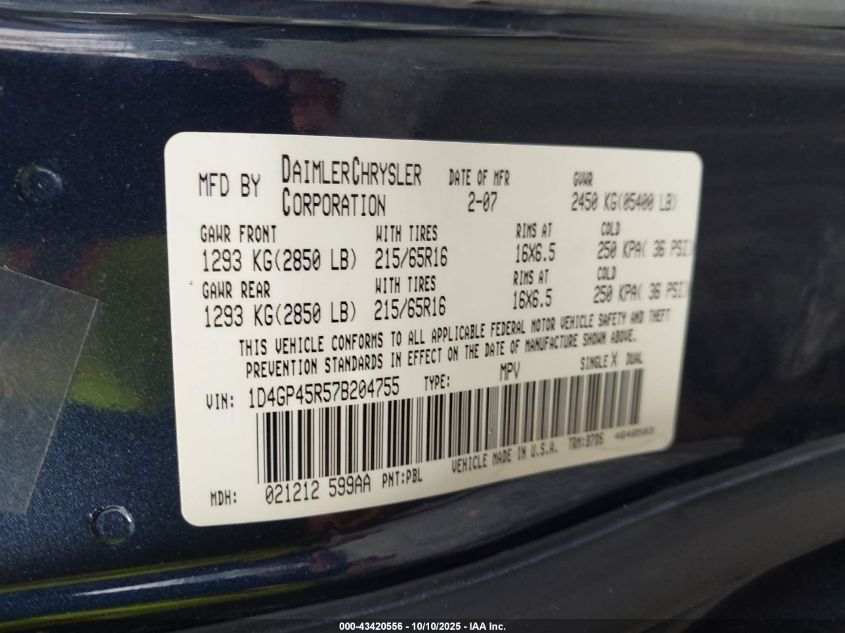 2007 Dodge Caravan Sxt VIN: 1D4GP45R57B204755 Lot: 43420556