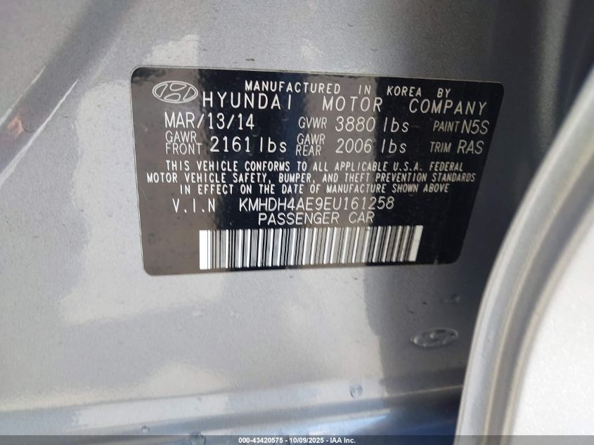 2014 Hyundai Elantra Limited VIN: KMHDH4AE9EU161258 Lot: 43420575