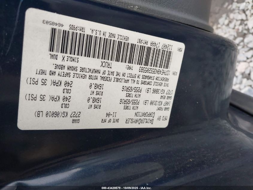 2005 Dodge Dakota Slt VIN: 1D7HE48N35S205583 Lot: 43420579