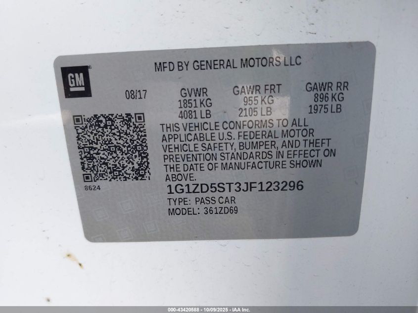 2018 Chevrolet Malibu Lt VIN: 1G1ZD5ST3JF123296 Lot: 43420588