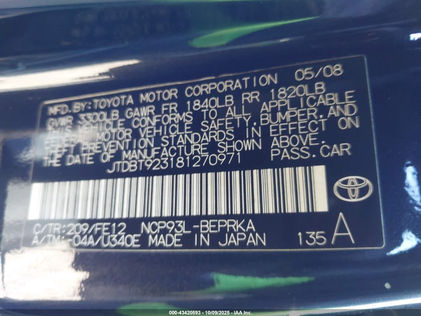 2008 Toyota Yaris S VIN: JTDBT923181270971 Lot: 43420593