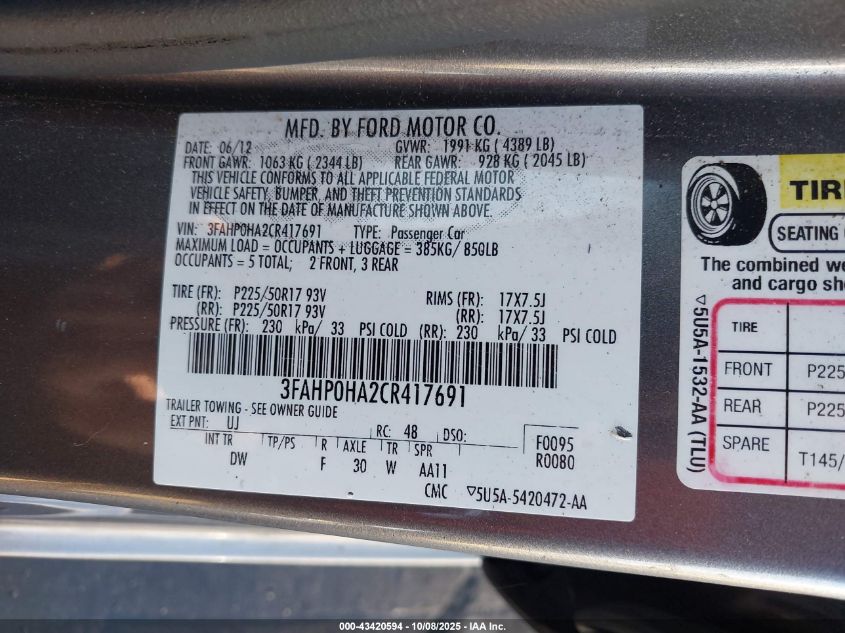 2012 Ford Fusion Se VIN: 3FAHP0HA2CR417691 Lot: 43420594