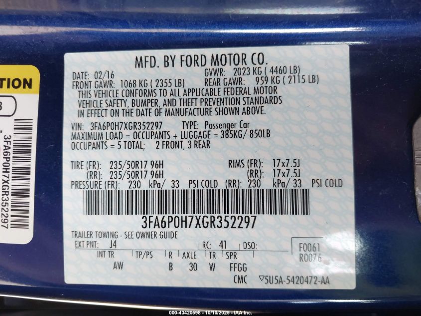 2016 Ford Fusion Se VIN: 3FA6P0H7XGR352297 Lot: 43420598