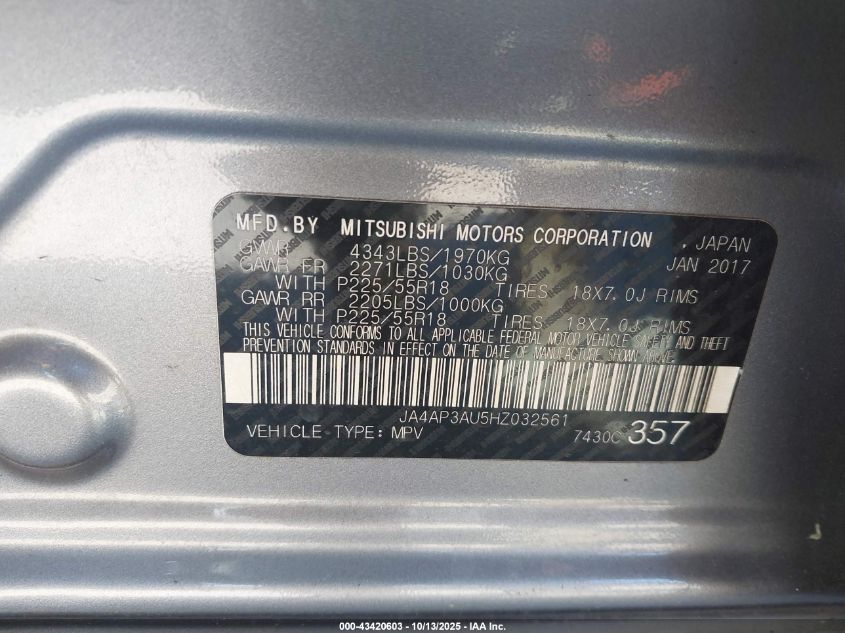 2017 Mitsubishi Outlander Sport 2.0 Le VIN: JA4AP3AU5HZ032561 Lot: 43420603