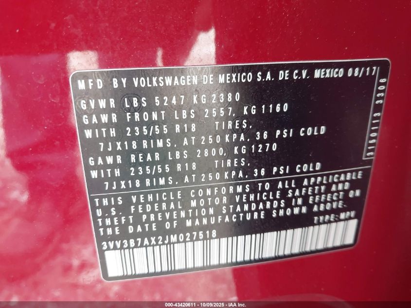 2018 Volkswagen Tiguan 2.0T Se/2.0T Sel VIN: 3VV3B7AX2JM027518 Lot: 43420611