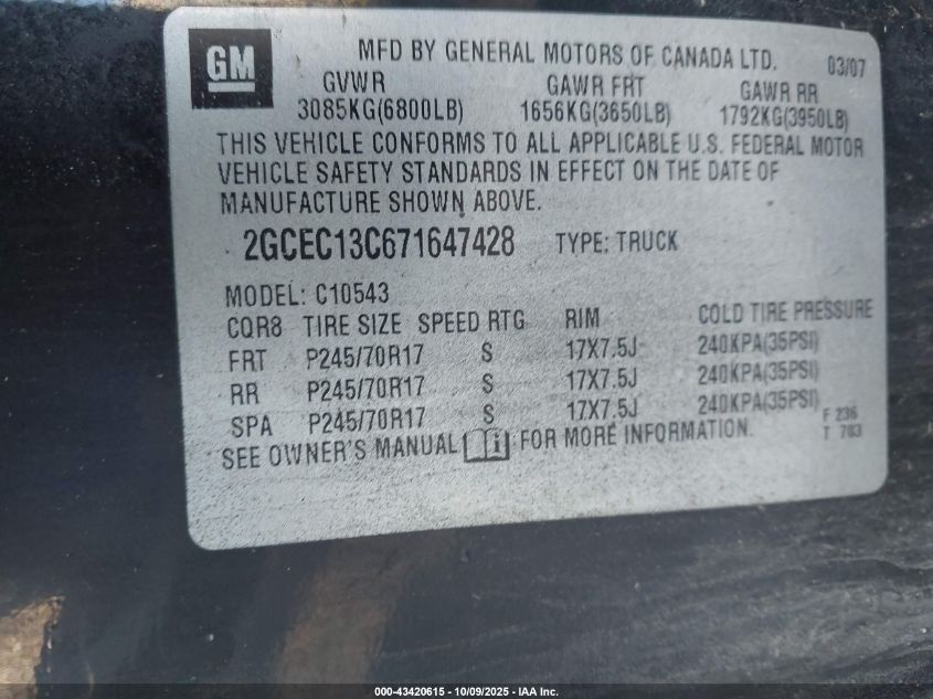 2007 Chevrolet Silverado 1500 Work Truck VIN: 2GCEC13C671647428 Lot: 43420615