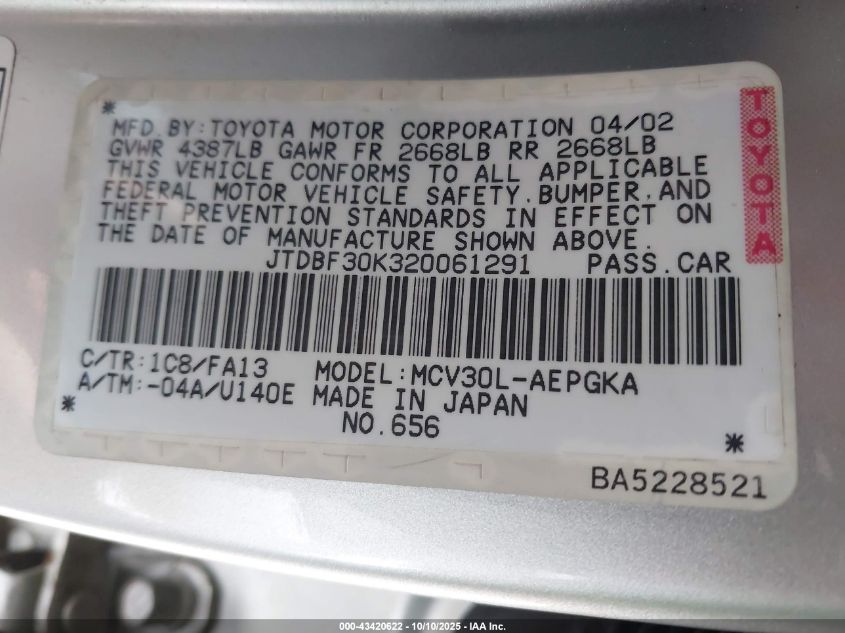 2002 Toyota Camry Xle V6 VIN: JTDBF30K320061291 Lot: 43420622