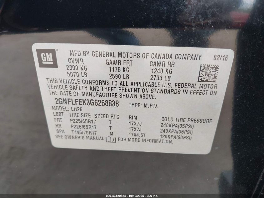 2016 Chevrolet Equinox Lt VIN: 2GNFLFEK3G6268838 Lot: 43420624