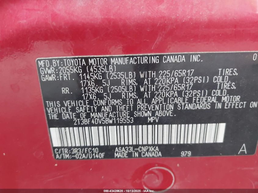 2011 Toyota Rav4 VIN: 2T3BF4DV5BW119553 Lot: 43420628