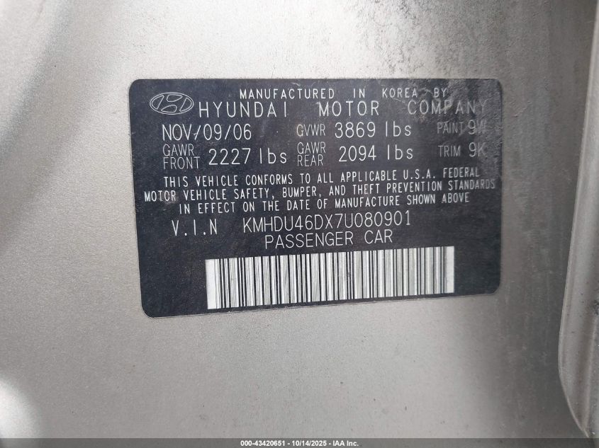 2007 Hyundai Elantra Gls/Limited/Se VIN: KMHDU46DX7U080901 Lot: 43420651