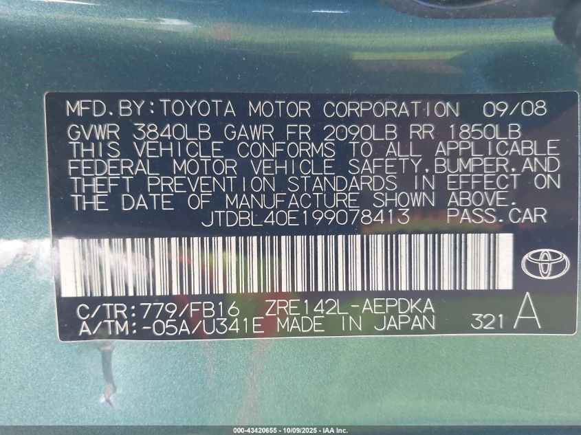 2009 Toyota Corolla Le VIN: JTDBL40E199078413 Lot: 43420655