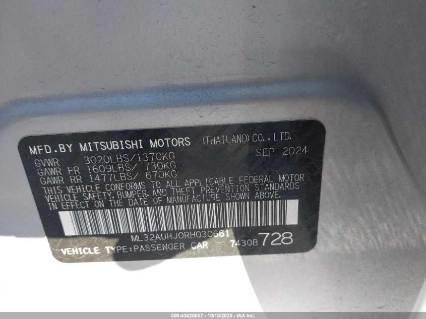 2024 Mitsubishi Mirage Es/Le VIN: ML32AUHJ0RH030661 Lot: 43420657