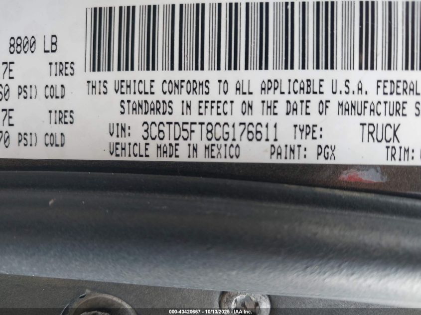 2012 Ram 2500 Laramie VIN: 3C6TD5FT8CG176611 Lot: 43420667