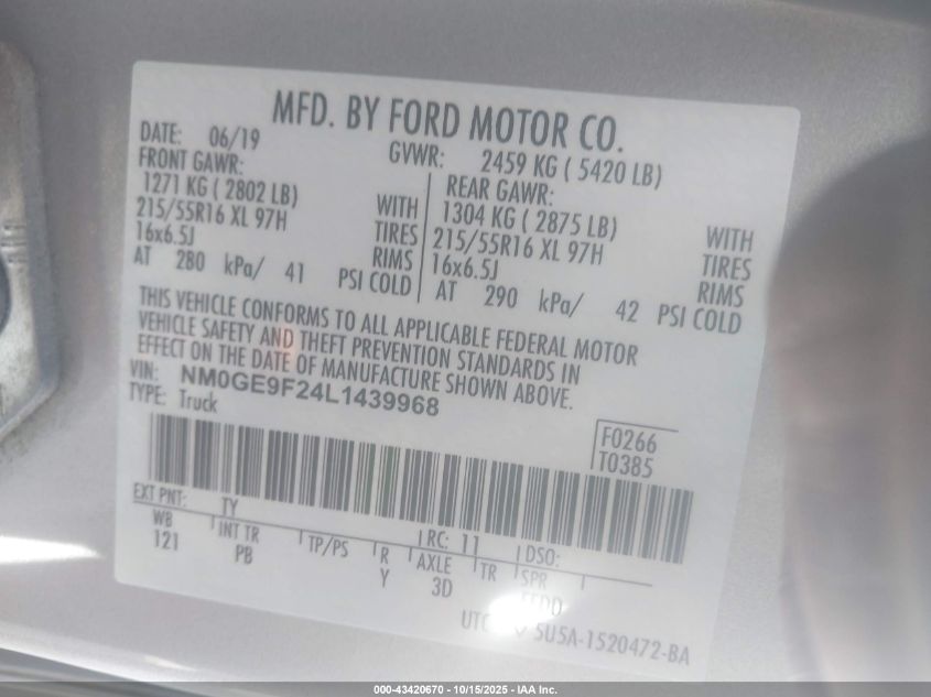 2020 Ford Transit Connect Xlt Passenger VIN: NM0GE9F24L1439968 Lot: 43420670