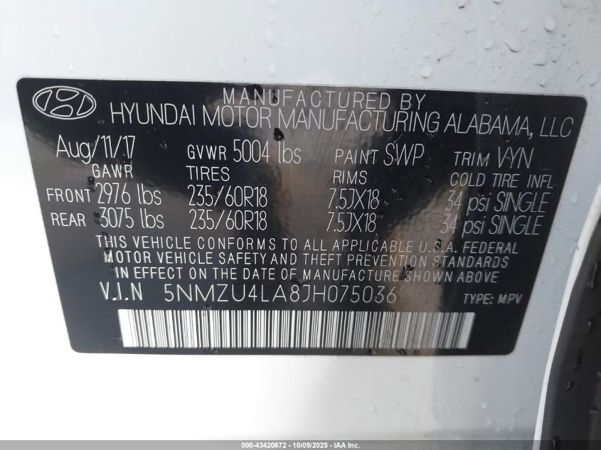 2018 Hyundai Santa Fe Sport 2.0T VIN: 5NMZU4LA8JH075036 Lot: 43420672