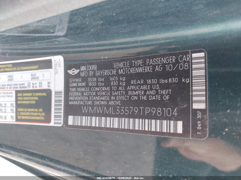 2009 Mini Cooper Clubman VIN: WMWML33579TP98104 Lot: 43420675