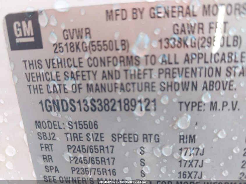 2008 Chevrolet Trailblazer Fleet VIN: 1GNDS13S382189121 Lot: 43420679