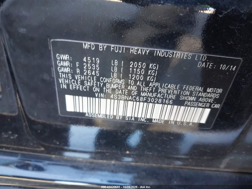 2015 Subaru Legacy 2.5I Premium VIN: 4S3BNAC68F3028166 Lot: 43420680