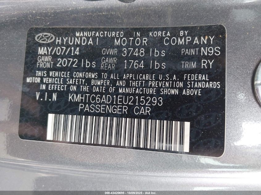 2014 Hyundai Veloster Base W/Black VIN: KMHTC6AD1EU215293 Lot: 43420695