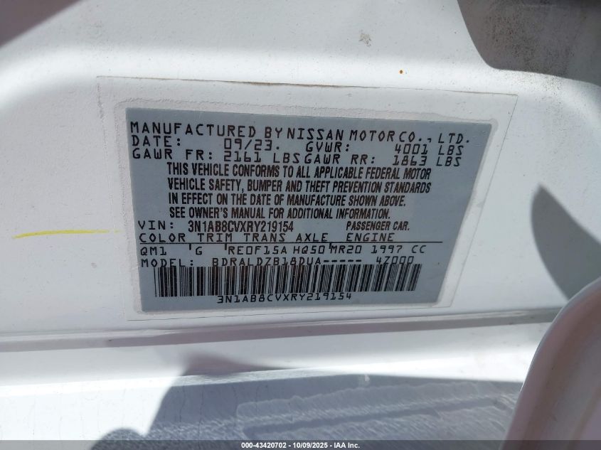 2024 Nissan Sentra Sv Xtronic Cvt VIN: 3N1AB8CVXRY219154 Lot: 43420702