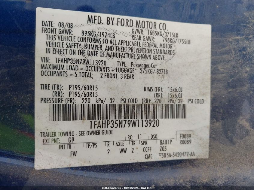 2009 Ford Focus Se VIN: 1FAHP35N79W113920 Lot: 43420705