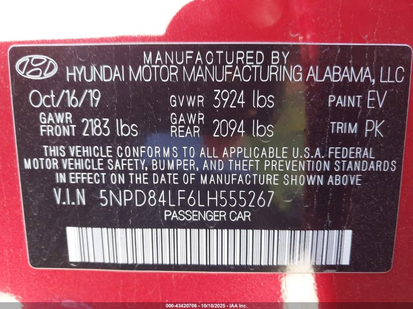 2020 Hyundai Elantra Sel VIN: 5NPD84LF6LH555267 Lot: 43420706