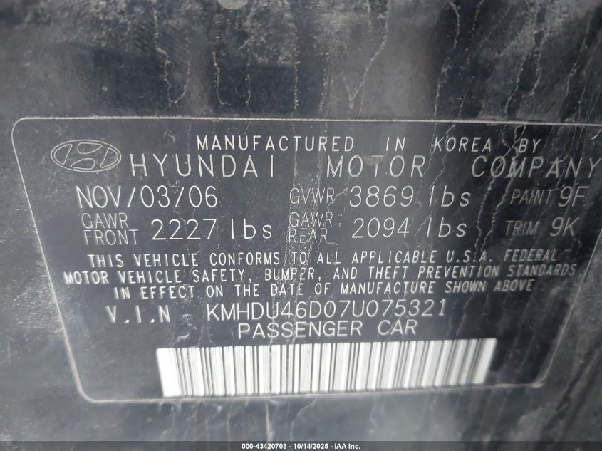 2007 Hyundai Elantra Gls/Limited/Se VIN: KMHDU46D07U075321 Lot: 43420708