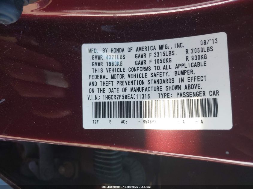 2014 Honda Accord Sport VIN: 1HGCR2F58EA011316 Lot: 43420709