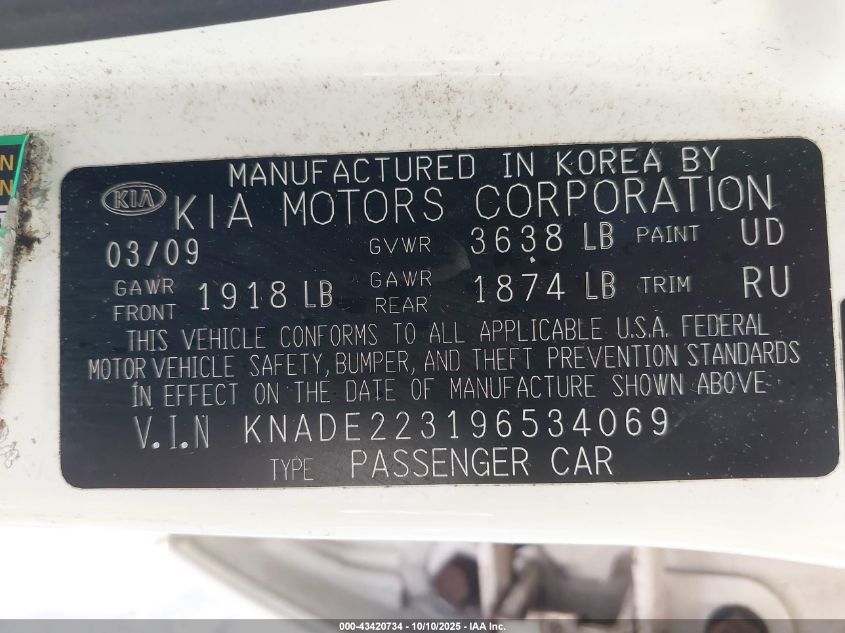 2009 Kia Rio Lx VIN: KNADE223196534069 Lot: 43420734