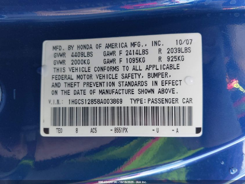 2008 Honda Accord 2.4 Ex-L VIN: 1HGCS12858A003869 Lot: 43420736