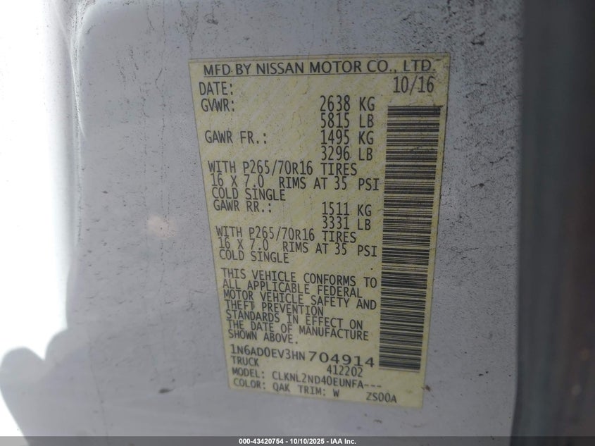 2017 NISSAN FRONTIER SV 1N6AD0EV3HN704914