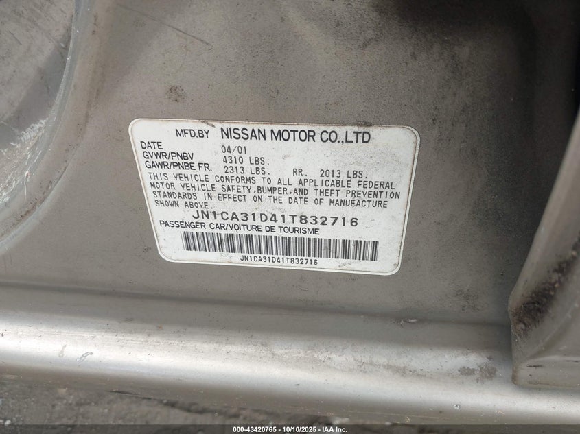 2001 Nissan Maxima Se VIN: JN1CA31D41T832716 Lot: 43420765