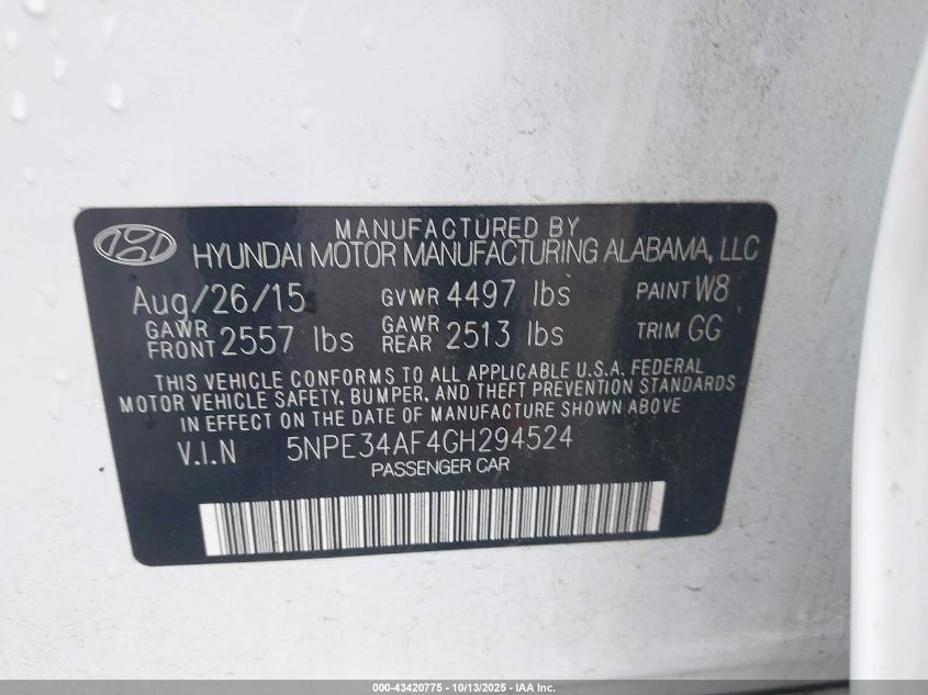 2016 Hyundai Sonata Sport VIN: 5NPE34AF4GH294524 Lot: 43420775