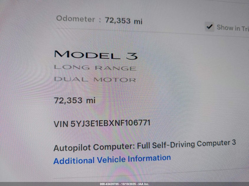 2022 Tesla Model 3 Long Range Dual Motor All-Wheel Drive VIN: 5YJ3E1EBXNF106771 Lot: 43420785