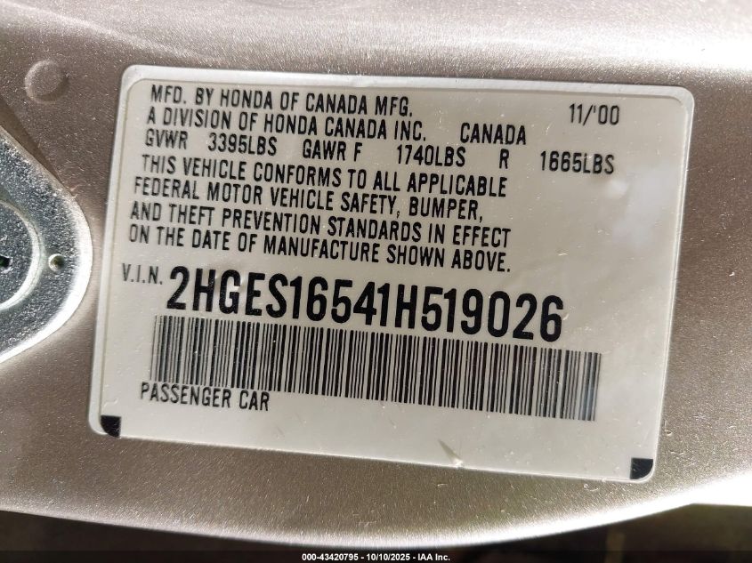 2001 Honda Civic Lx VIN: 2HGES16541H519026 Lot: 43420795