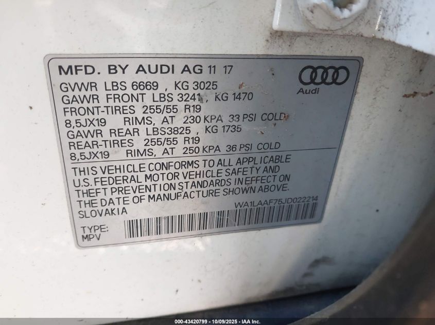 2018 Audi Q7 3.0T Premium VIN: WA1LAAF75JD022214 Lot: 43420799