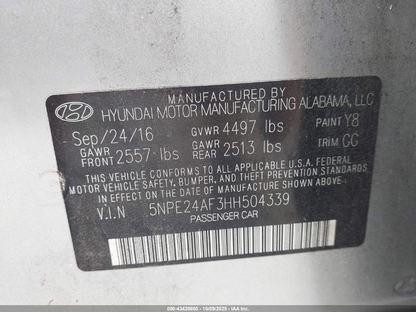 2017 Hyundai Sonata Se VIN: 5NPE24AF3HH504339 Lot: 43420800