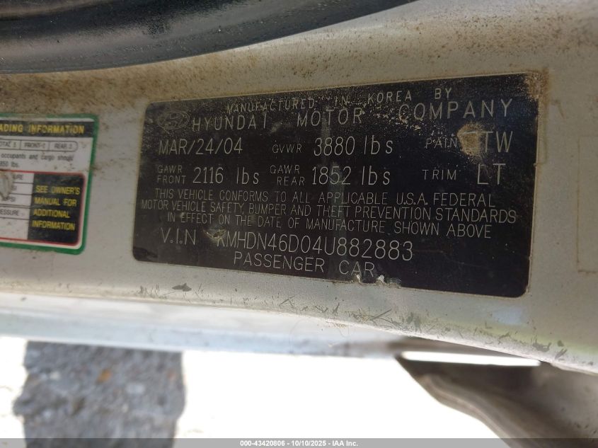 2004 Hyundai Elantra Gls/Gt VIN: KMHDN46D04U882883 Lot: 43420806