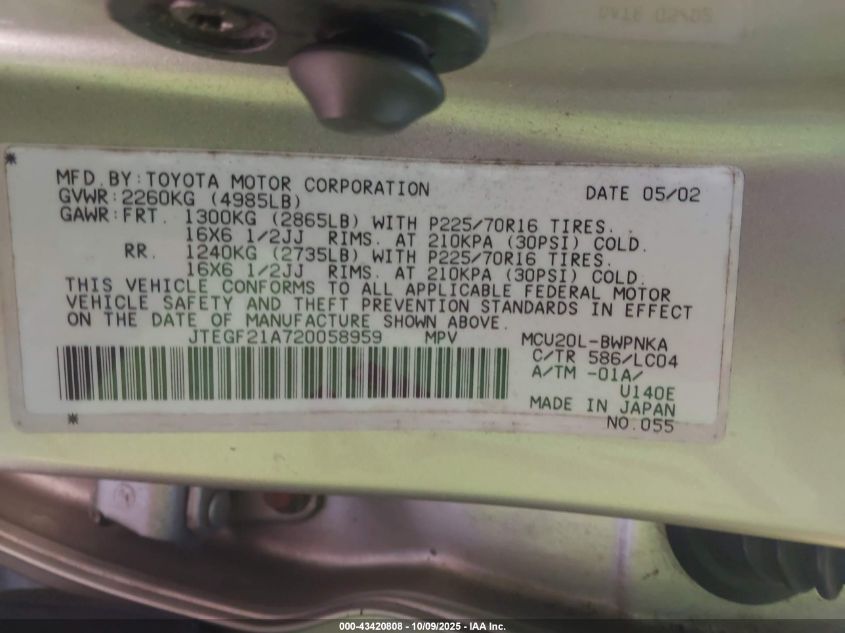 2002 Toyota Highlander Limited V6 VIN: JTEGF21A720058959 Lot: 43420808